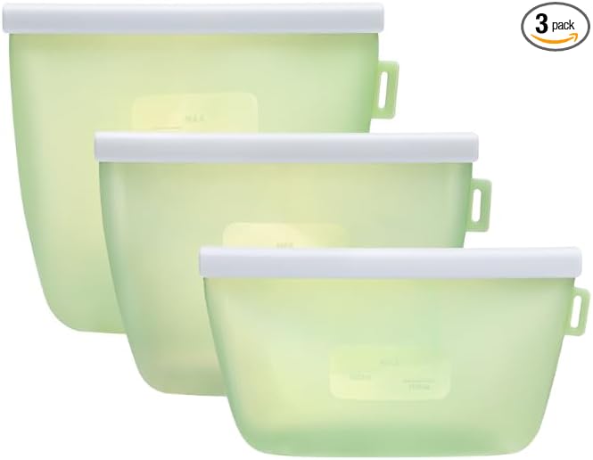 Zyra Reusable Silicone Food Storage Bag Set – 3 Sizes (500ml, 1000ml, 1500ml) – Leakproof, Foldable, Microwave & Freezer Safe, BPA-Free, Dishwasher Safe, Eco-Friendly Meal Prep. (Plain Green)