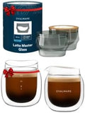 ovalware 8.5oz Double Wall Latte Cups, Latte Set of 2 Sized Cups with Wide Rim for Artistic Designs - Stealth Gray and Espresso Pouring Glass Set of 2 | Double-Wall 2.7oz/80ml Shot Measuring Cup