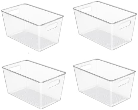 Fridge Organizer Bins, 4 Pcs Clear Plastic Storage Containers Stackable Kitchen Storage Bins for Refrigerator, Pantry, Food, Freezer, Cabinet, Bathroom, Snacks, GY204801