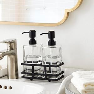 Square Glass Clear Lotion and Soap Pump Dispenser Set with Metal Stand Caddy for Bathroom Bath Kitchen Home Office Travel Hotel Hand Crafted Heavy Weight Matte Black