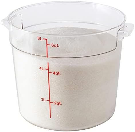 Restaurantware 6 Quart Plastic Food Storage Container - Durable Clear Polycarbonate Storage Bin - Round Food Prep Storage with Red Graduations - Dishwasher Safe Commercial Kitchen Use