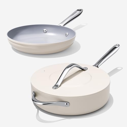 Healthy Ceramic Nonstick Cookware Set-11″ 4.5qt Non-Toxic Ceramic Sauté Pan w/ Lid & 10″ Nonstick Ceramic Frying Skillet, PTFE/PFOA/PFAS Free, Oven & Dishwasher Safe, All Cooktops Compatible, Even Hea