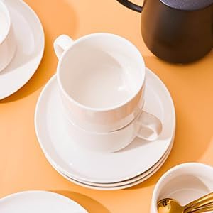 8oz Cappuccino Cups Set of 4, Tea Cups with Saucers and Spoons, White Ceramic Tea Cups Set Coffee Mugs for Tea Cappuccino Espresso Latte Mocha Au Lait Macchiato Cafe