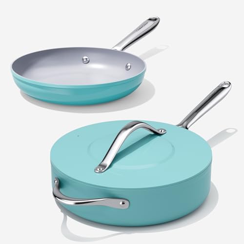 Healthy Ceramic Nonstick Cookware Set-11″ 4.5qt Non-Toxic Ceramic Sauté Pan w/ Lid & 10″ Nonstick Ceramic Frying Skillet, PTFE/PFOA/PFAS Free, Oven & Dishwasher Safe, All Cooktops Compatible, Even Hea