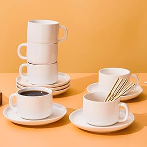 8oz Cappuccino Cups Set of 4, Tea Cups with Saucers and Spoons, White Ceramic Tea Cups Set Coffee Mugs for Tea Cappuccino Espresso Latte Mocha Au Lait Macchiato Cafe