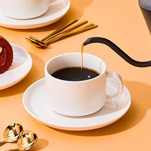 8oz Cappuccino Cups Set of 6, Tea Cups with Saucers and Spoons, White Ceramic Tea Cups Set Coffee Mugs for Tea Cappuccino Espresso Latte Mocha Au Lait Macchiato Cafe
