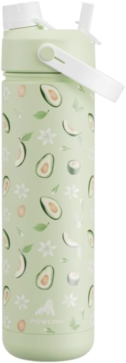 POWCAN 26 oz Insulated Water Bottle with 2-in-1 Straw and Spout Lid, Keep Cold 24H, Leak-Proof, Fits in Car Cup Holder, Stainless Steel Water Bottle for Sports, Travel, Gift, School (Avocado Grove)