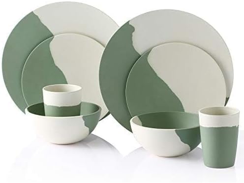 MORGIANA 8 pcs Bamboo Dinnerware Set Reusable Plates Bowls Sets, Camping Picnic Dishes Tableware Set for 2 (Green & White)