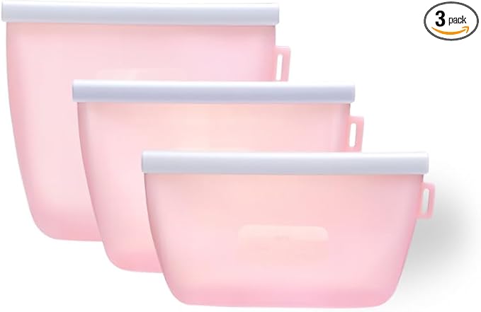 Zyra Reusable Silicone Food Storage Bag Set – 3 Sizes (500ml, 1000ml, 1500ml) – Leakproof, Foldable, Microwave & Freezer Safe, BPA-Free, Dishwasher Safe, Eco-Friendly Meal Prep. (Water Pink)