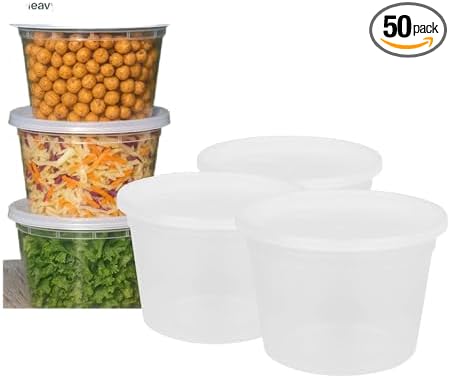 16oz [50 set] Heavy Duty Plastic Deli Container | BPA-Free Food Storage with Airtight Leak‑Proof Lids | Microwave, Freezer & Dishwasher Safe – Stackable, Bulk Reusable Soup & Meal Prep Tub