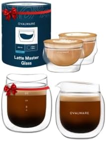 ovalware 8.5oz Double Wall Latte Cups, Latte Set of 2 Palm-Sized Cups with Wide Rim for Latte Art - Clear Design and Espresso Pouring Glass Set of 2 | Double-Wall 2.7oz/80ml Shot Measuring Cup
