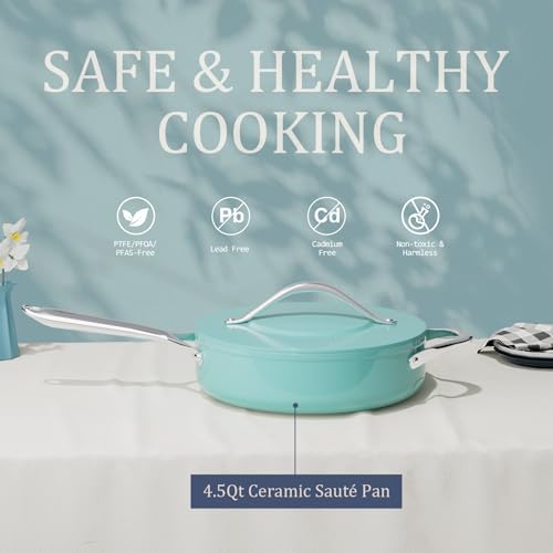 Healthy Ceramic Nonstick Cookware Set-11″ 4.5qt Non-Toxic Ceramic Sauté Pan w/ Lid & 10″ Nonstick Ceramic Frying Skillet, PTFE/PFOA/PFAS Free, Oven & Dishwasher Safe, All Cooktops Compatible, Even Hea