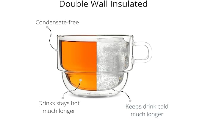 BTaT- Double Walled Stackable Glass Coffee Mugs, 16 oz, Set of 4, Glass Coffee Cups with Handle, Insulated Clear Coffee Mug for Hot and Cold Beverages, Cappuccino, Latte, Tea, Americano