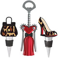 Fashion Wine Set - 3pcs. Winged Corkscrew, High Heel and Purse Stoppers. Leopard Gift Set
