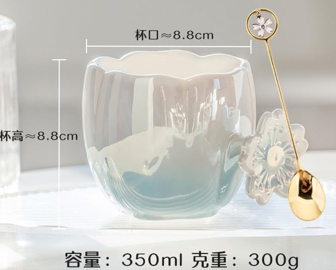 Pearl Ceramic Coffee Mug for Tea Latte Milk Cute Love Shape Cup for Home Office Women Gift 6.5 oz (cherry blue, 350 ml)