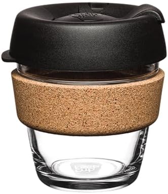 KeepCup Brew Cork, Reusable Glass Tumbler with Natural Cork, Espresso Coffee Cup 6oz/227ml - Black