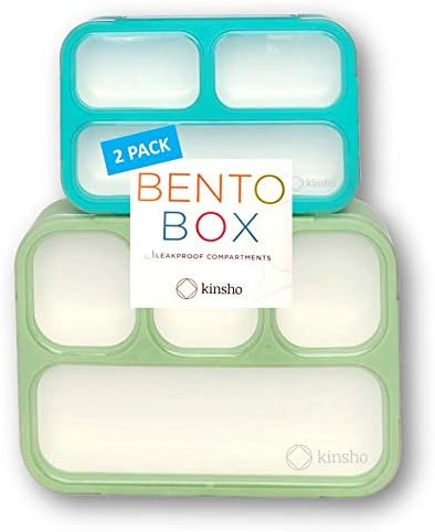 kinsho Bento Lunch Box And Snack Container Set For Kids And Adults - Large 4 & Small 3 Divided Food Compartments - Portion Control Meal Prep - Reusable for School Work Travel - 2 Pack Green Blue Set