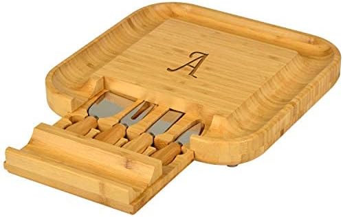 Picnic at Ascot Personalized Monogrammed Engraved Bamboo Cutting Board for Cheese & Charcuterie with Knife Set & Cheese Markers- Designed & Quality Checked in USA