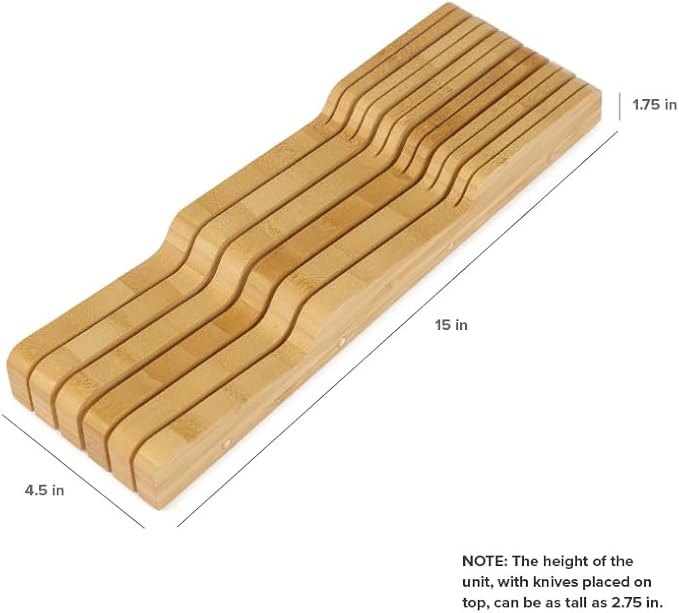 KitchenEdge Bamboo Kitchen Knife Block Holder Organizer - Holds 5 Long + 6 Short Knives (Not Included), Fits Most Knife Sizes, Rubber Feet, Sustainable Bamboo, In-Drawer Design (Pack of 2)