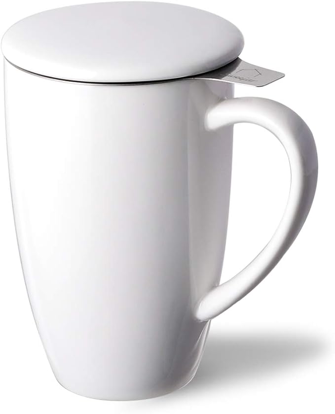 Sweejar Porcelain Tea Infuser Cup with Lid, 16 oz Tea Cup with Strainers for Loose Leaf Tea, Microwave and Dishwasher Safe Coffee Mug, Tea Steeping Mug for Tea Drinkers,Christmas Gift (White)