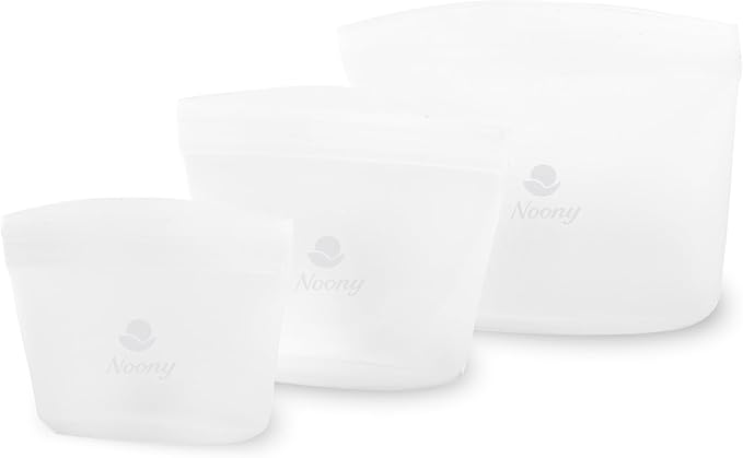 Noony Reusable Silicone Food Storage Bags - Easy to Clean & Odorless - 100% Food-Grade Silicone - Leakproof Stand Up Zip Container for Meal Prep, Snacks, Freezer & Microwave Safe,Set of 3.