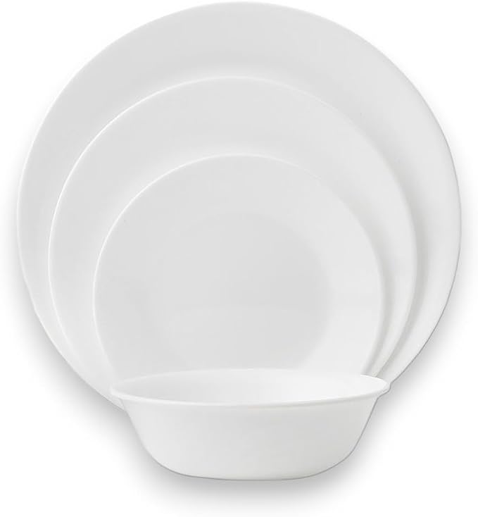 Corelle Vitrelle 8-Piece Service for 2 Dinnerware Set, Triple Layer Glass and Chip Resistant, Lightweight Round Plates and Bowls Set, Winter Frost White