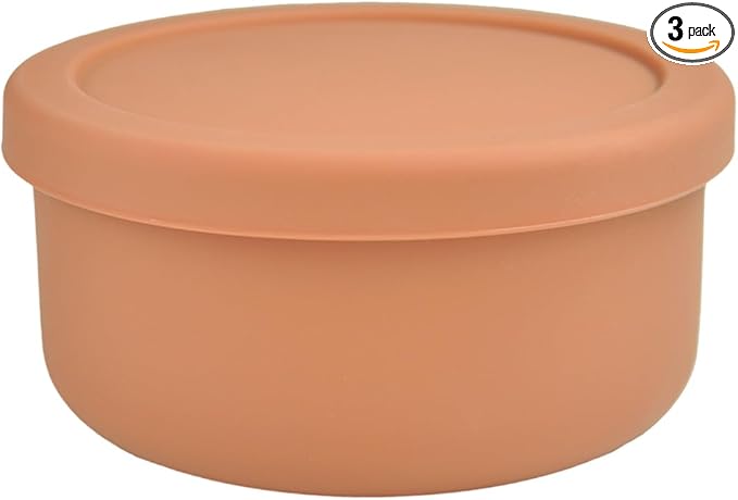 XU&PEIQI 24fl oz (700ml) Silicone Food Storage Containers, Round Bowls with Lids - Kitchen Serving, Salad & Lunch Containers - Airtight, BPA-Free, Microwave, Fridge & Dishwasher Safe (Brown,3P)