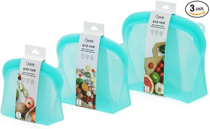 Cucinity Premium Silicone Reusable Zipper Bag, Food Storage Bags, BPA Free, Leakproof, Dishwasher & Microwave Safe, Eco-Friendly Zip Bags for Meal Prep, Freezer, Mint, 3-Pack (68oz, 41oz, 20oz)