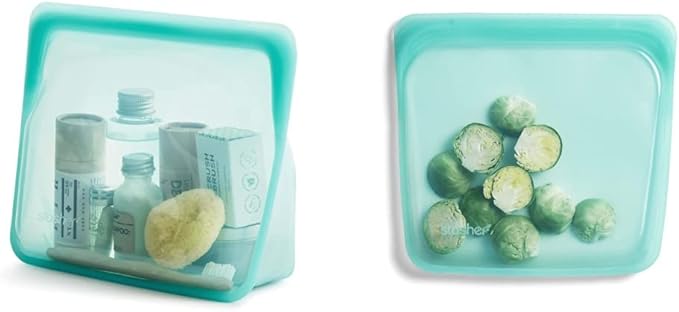 Stasher Reusable Silicone Storage Bags, Food Storage Containers, Microwave and Dishwasher Safe, Leak-free, Stand Up - Mid (Aqua) and Sandwich (Aqua)