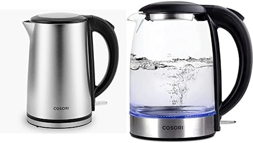 COSORI Electric Kettles with Stainless Steel Double Wall, 1.5L, Silver & Electric Kettle with Upgraded Stainless Steel Filter and Inner Lid, Wide Opening Glass Tea Kettle,1.7L, Black