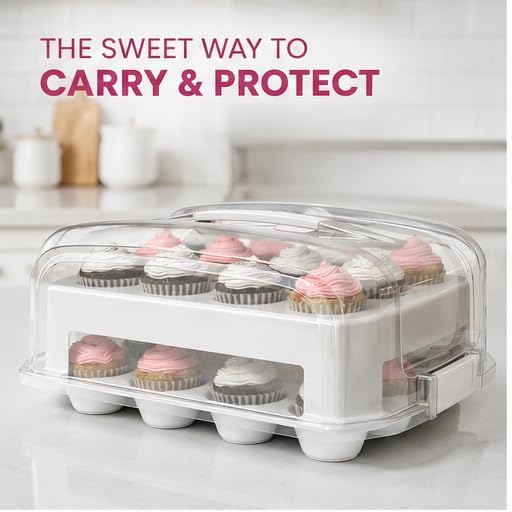 Top Shelf Elements Cupcake Carrier, EXTRA LARGE LID, White Cupcake Holder Carries 24 Standard-Size Cupcakes, Muffin Traveler Two Tier Stand Reusable Cupcake Box