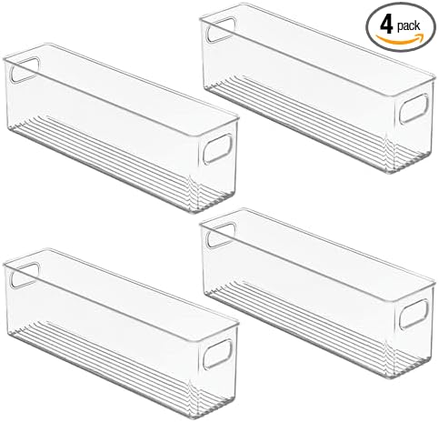 mDesign Plastic Bathroom Storage Container Bins w/ Handles - Closet, Cabinet, Vanity, Cupboard Shelf Organization, Hair Tools Accessory Organizer - Ligne Collection; Clear, 15.4x3.75x4.75 (Pack of 4)