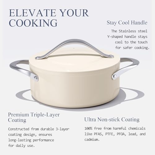 CookinCraze Ceramic Nonstick Cookware Set 8" Fry Pan & 4.5qt Dutch Oven PFAS/PTFE/PFOA Free Even Heat Distribution All Cooktops Compatible Oven Safe to 500°F (Cream)