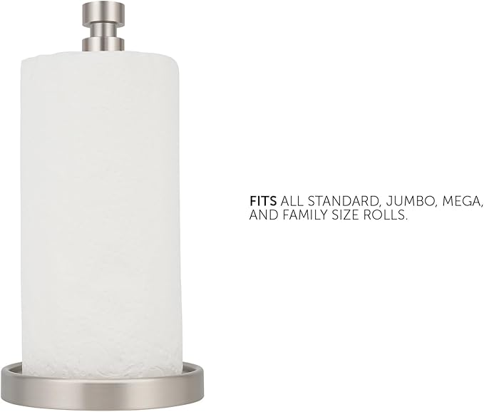 Ivilon Countertop Paper Towel Holder - Weighted Heavy Duty Steel Stand with Non-Slip Base for a Steady One-Handed One Sheet Tear - Fits All Rolls - Brushed Nickel