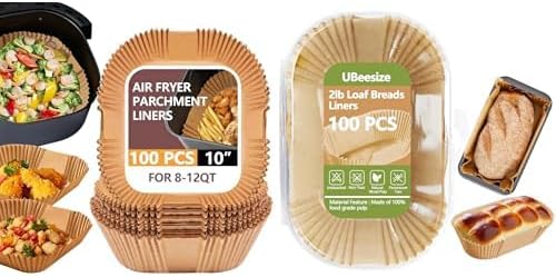 UBeesize 100 PCS 10 Inch Disposable Air Fryer Paper Liners+ 100 PCS 2lb Loaf Pan Liners