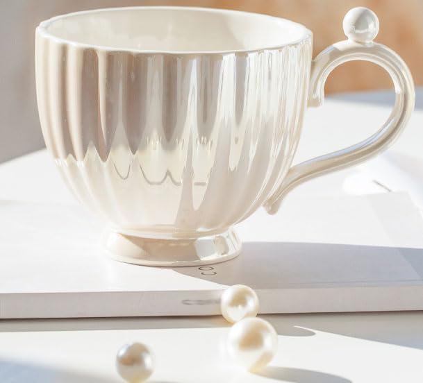 Pearl Shell Ceramic Coffee Mug with Coaster Set for Tea Latte Milk Cute Cup with Saucer for Home Office Women Gift 6.5 oz (Shell Gradient Beige, 240 ml)