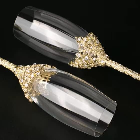 Gold Champagne Flutes - Crystal Glass Metal Base With Crystal Stones, Set of 2 Toasting Flute Pair, Wedding Anniversary Party Birthday Banquets and Gifts for Bride and Groom (Gold)