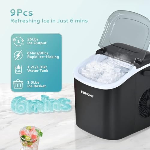 EUHOMY Countertop Ice Maker Machine with Handle, 26lbs in 24Hrs, 9 Ice Cubes Ready in 6 Mins with 16 Fl OZ Ice Machine Cleaner Descaler (4 Uses Per Bottle)