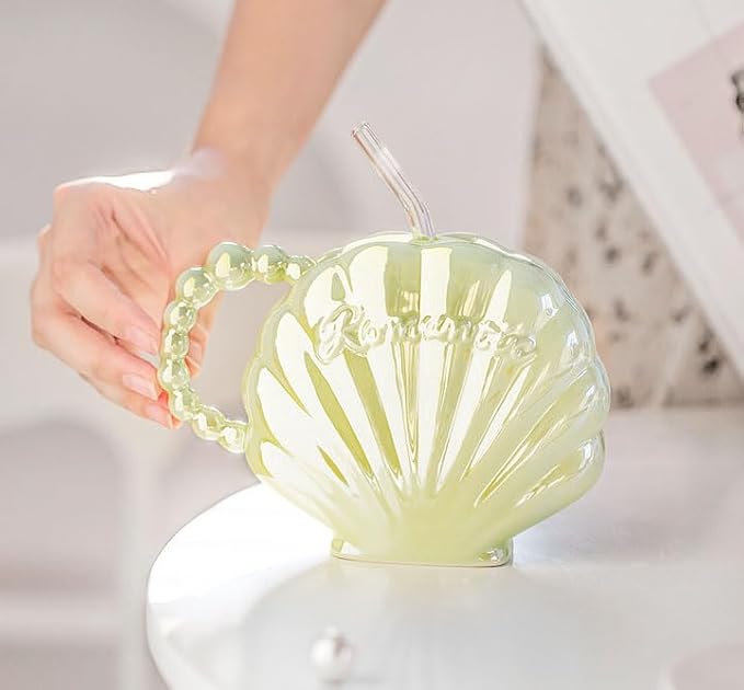 Pearl Shell Ceramic Coffee Mug with Coaster Set for Tea Latte Milk Cute Cup with Saucer for Home Office Women Gift 6.5 oz (Shell with Straw Green, 450 ml)