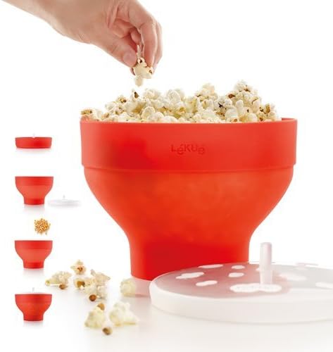 Lekue Jumbo Popcorn Maker with 4 Collapsible Bowls - Platinum Silicone Microwavable Popcorn Bowl Set, Fresh Popcorn in Minutes - Space-Saving & Dishwasher Safe - Healthy Popcorn Recipes included