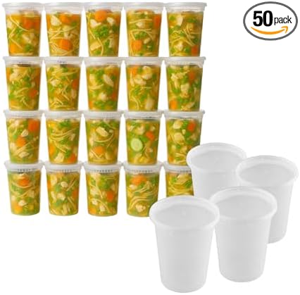 32oz [50 set] Heavy Duty Plastic Deli Container | BPA-Free Food Storage with Airtight Leak‑Proof Lids | Microwave, Freezer & Dishwasher Safe – Stackable, Bulk Reusable Soup & Meal Prep Tub