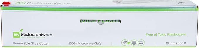 Restaurantware RW Base 18 Inch x 2000 Feet Cling Wrap 1 Roll Microwavable Cling Film - With Removable Slide-Cutter Clear Plastic Food Wrapping Film Securely Seal And Keep Food Fresh