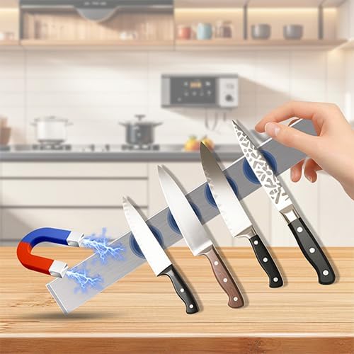 19 Inch Magnetic Knife Holder with Hooks, Strong Wall Mount Magnetic Knife Rack for Kitchen, Stainless Steel Knife Strip Organizer for Utensils, Spoons, Forks