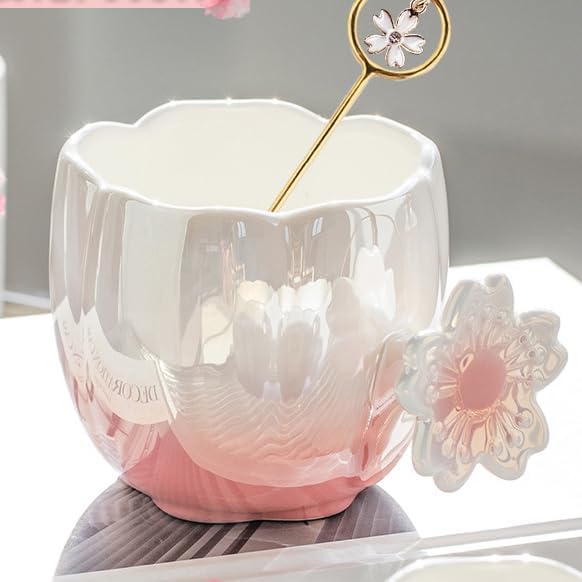 Pearl Ceramic Coffee Mug for Tea Latte Milk Cute Love Shape Cup for Home Office Women Gift 6.5 oz (cherry pink, 350 ml)