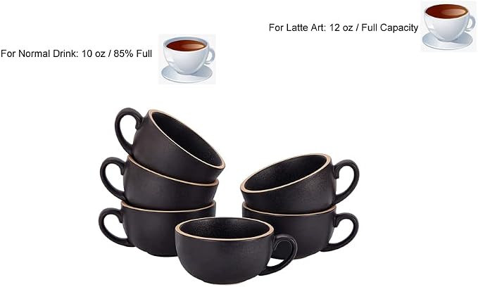 Coffeezone Set of 6 Cups Vintage Design 12 oz Professional Barista Ceramic Latte Art Cappuccino Cups Set (Rough Black * 6)