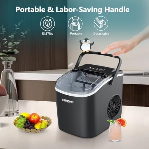 EUHOMY Countertop Ice Maker Machine with Handle, 26lbs in 24Hrs, 9 Ice Cubes Ready in 6 Mins with 16 Fl OZ Ice Machine Cleaner Descaler (4 Uses Per Bottle)