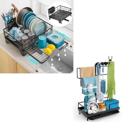 GSlife 2 in Set Dish Extendable Drying Rack and Sink Caddy - Expandable 2-in-1 Dish Drying Rack with Drain Spout and Large Sponge Holder for Kitchen Sink, Bundle Sales
