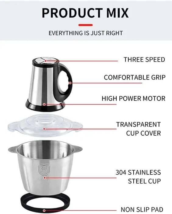 Procesador de alimentos, potente picadora de carne de 2.L. 300 W, cuenco de acero inoxidable de 3 modos de velocidad, 4 cuchillas de dos niveles para cebolla, carne, nueces, frutas, ajo,