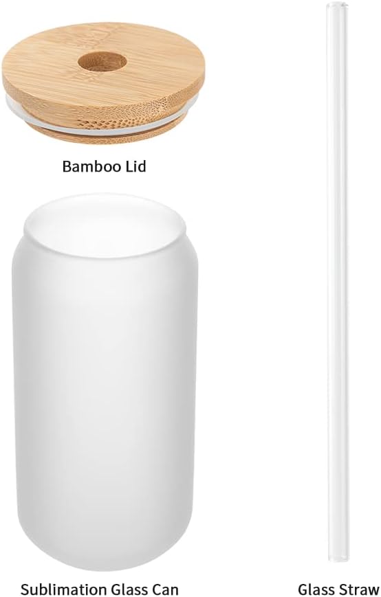PYD Life 8 Pack Sublimation Glass Cans Blanks Frosted Bulk18 OZ with Bamboo Lid and Clear Glass Straw Beer Cans Wide Mouth Jar Tumbler Cups Mugs for Iced Coffee,Juice,Soda,Drinks,Beer