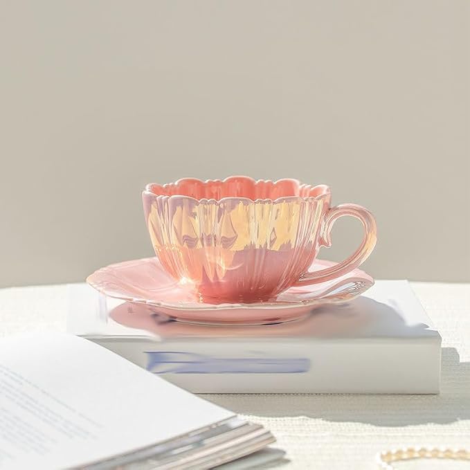 Pearl Shell Ceramic Coffee Mug with Shell Coaster Set for Tea Latte Milk Cute Cup with Saucer for Home Office Women Gift 6.5 oz (petal pink, 240 ml)